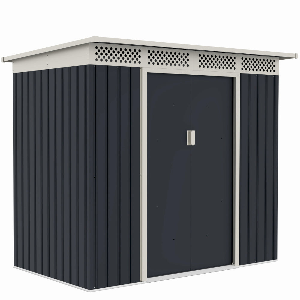 Casuta / magazie de gradina premium metalica, MESTERINO Bella-A, Gri/Bej, dimensiuni 203x117x180 cm, cu usi culisante si baza metalica