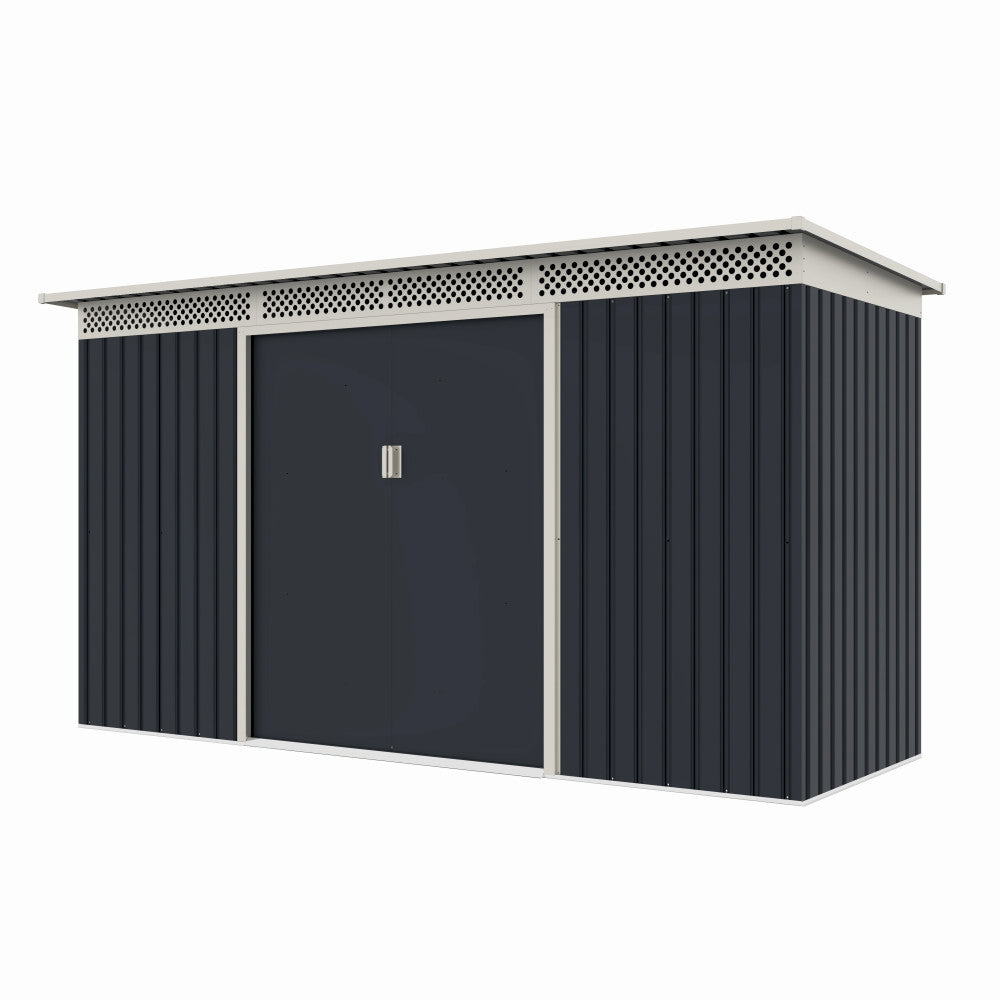 Casuta / magazie de gradina premium metalica, MESTERINO Bella-C, Gri/Bej, dimensiuni 343x142x184 cm, cu usi culisante si baza metalica