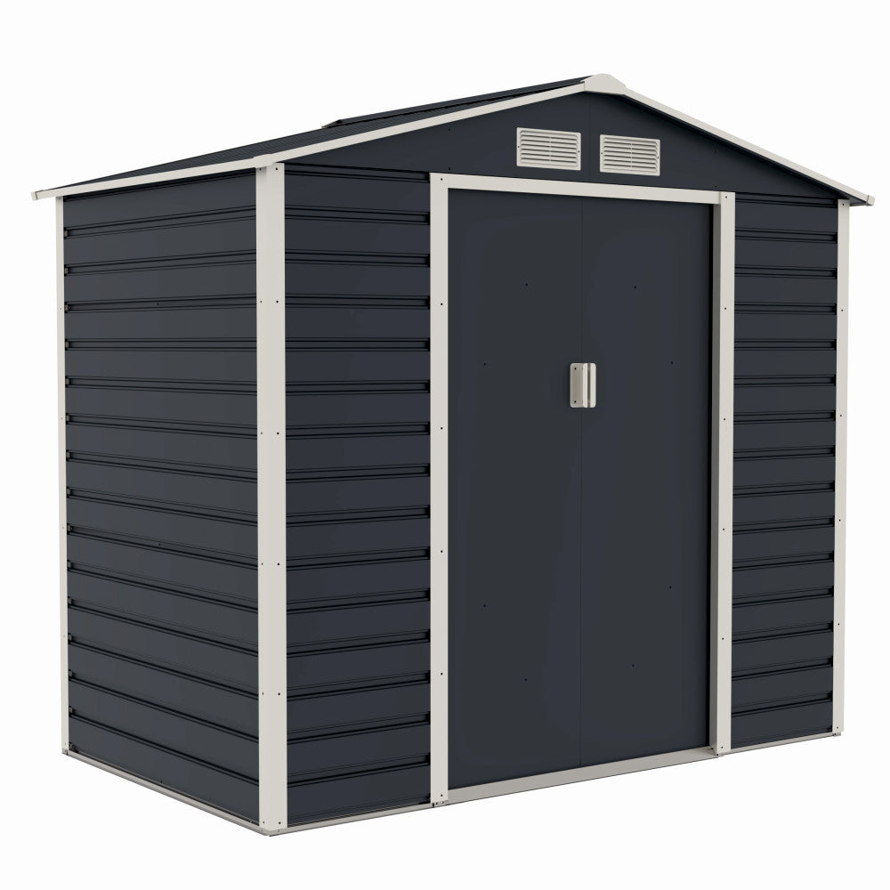 Casuta / magazie de gradina premium metalica, MESTERINO Evan-A, Gri/Bej, dimensiuni 213x131x192 cm, cu usi culisante si baza metalica