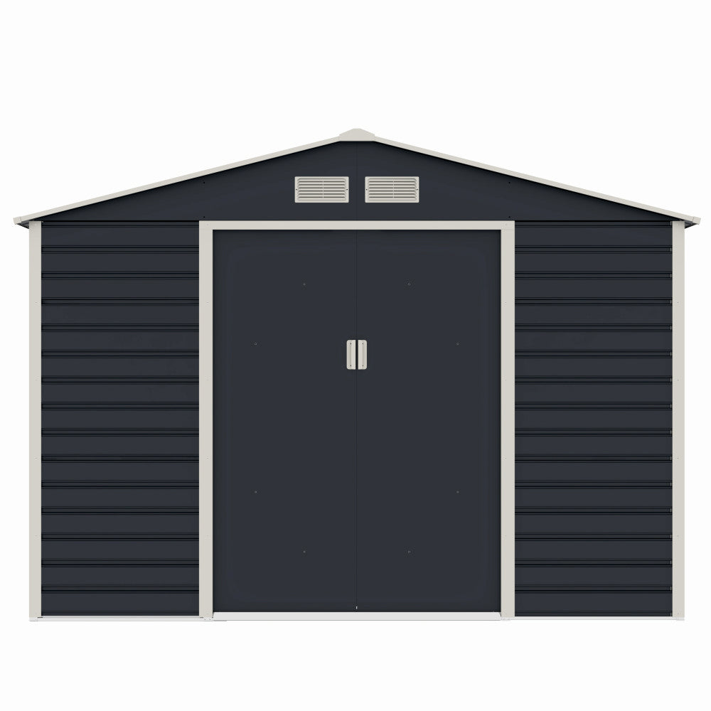 Casuta / magazie de gradina premium metalica, MESTERINO Evan-C, Gri/Bej, dimensiuni 277x195x200 cm, cu usi culisante si baza metalica