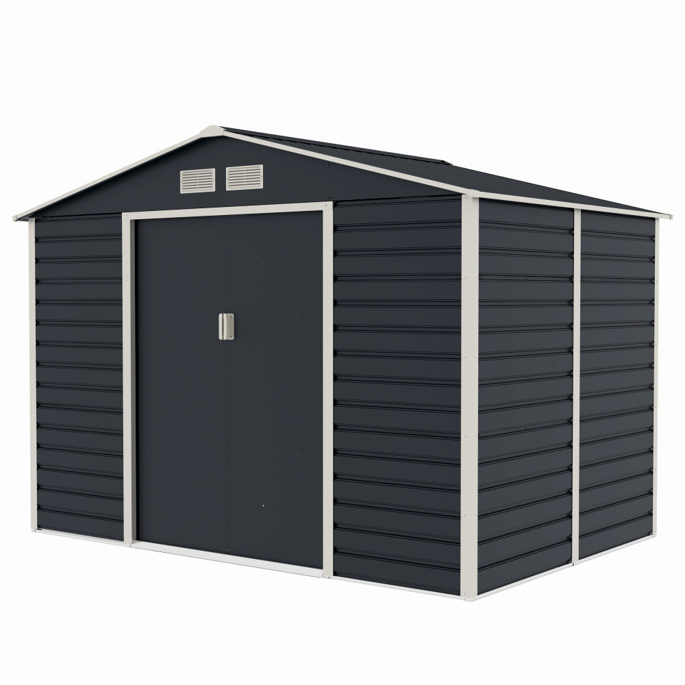Casuta / magazie de gradina premium metalica, MESTERINO Evan-C, Gri/Bej, dimensiuni 277x195x200 cm, cu usi culisante si baza metalica