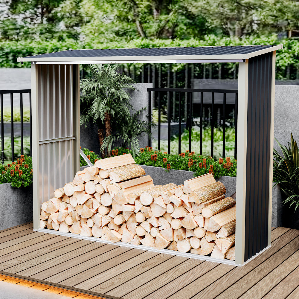 Magazie de lemne, pentru depozitare ideala, din metal zincat vopsit MESTERINO WA-B, Gri/Bej, dimensiuni 242x89x190 cm