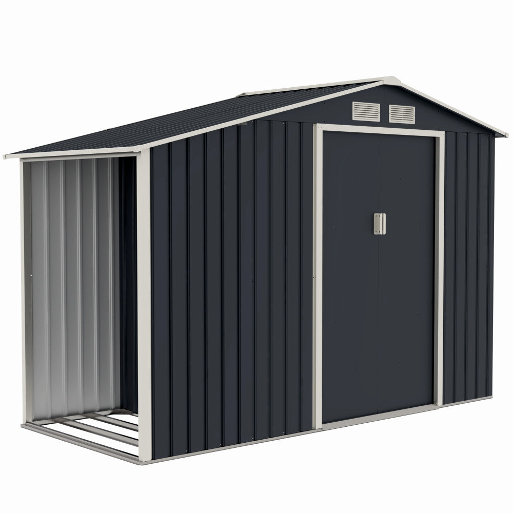 Casuta / magazie de gradina premium metalica, MESTERINO Luke-A, Gri/Bej, dimensiuni 278x131x195 cm, cu usi culisante si baza metalica
