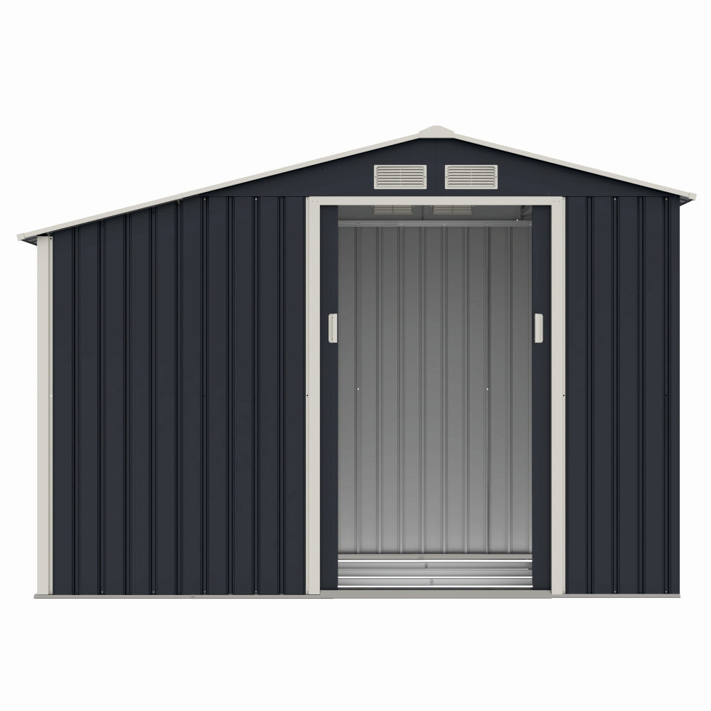 Casuta / magazie de gradina premium metalica, MESTERINO Luke-A, Gri/Bej, dimensiuni 278x131x195 cm, cu usi culisante si baza metalica