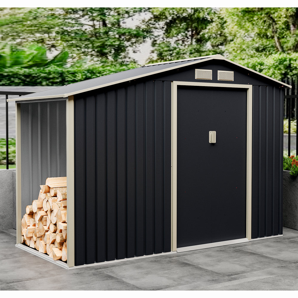 Casuta / magazie de gradina premium metalica, MESTERINO Luke-A, Gri/Bej, dimensiuni 278x131x195 cm, cu usi culisante si baza metalica