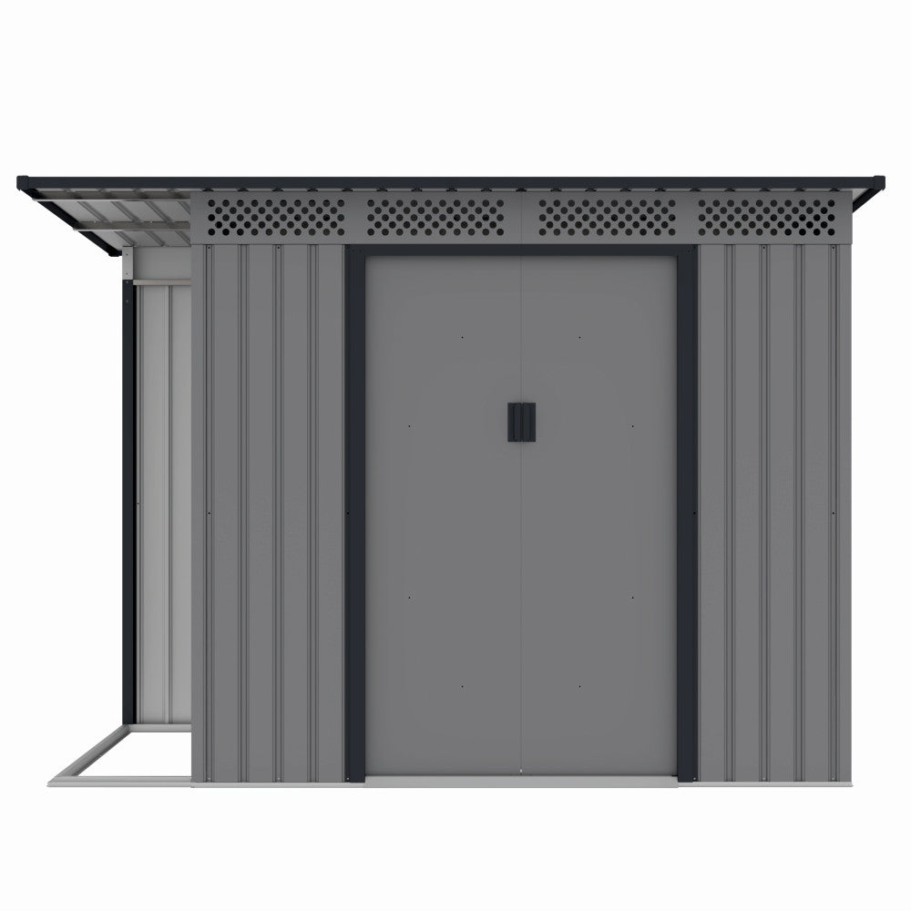 Casuta / magazie de gradina premium metalica, MESTERINO Chester-A, Gri/Bej, dimensiuni 257x142x184 cm, cu usi culisante si baza metalica