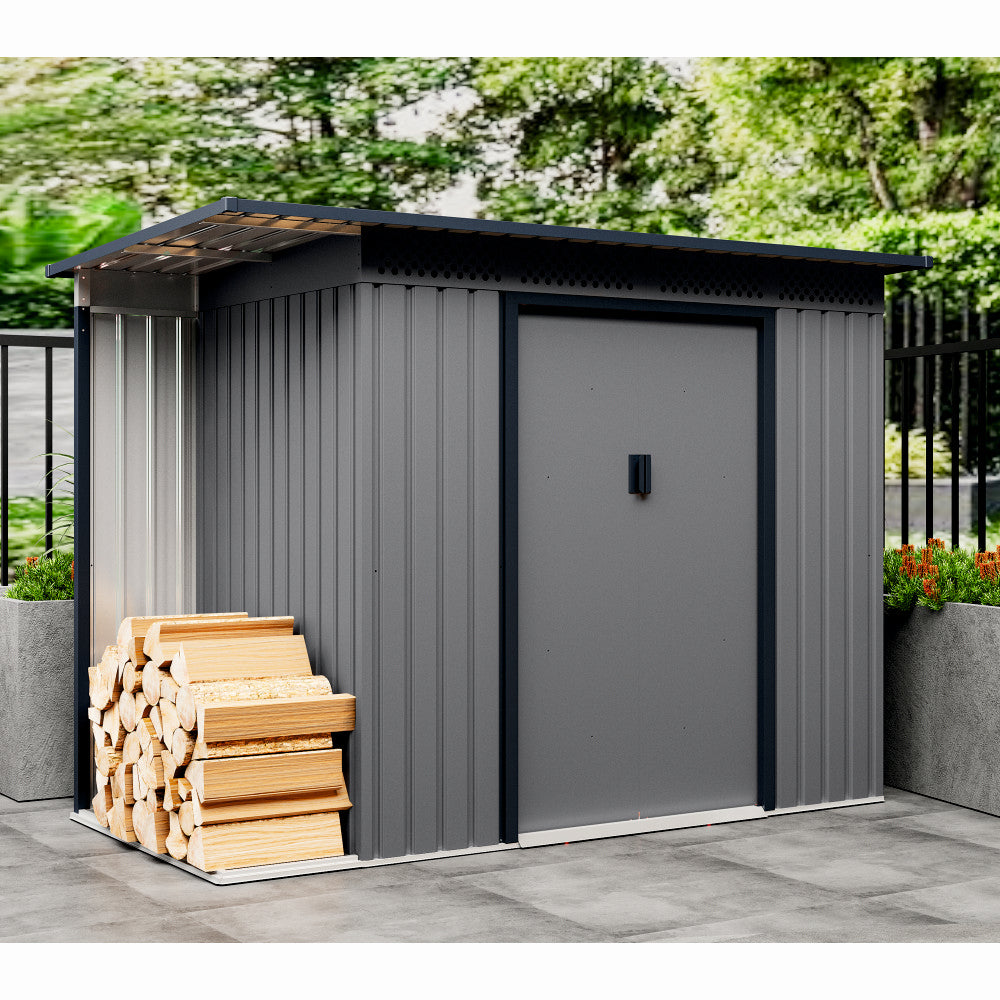 Casuta / magazie de gradina premium metalica, MESTERINO Chester-A, Gri/Bej, dimensiuni 257x142x184 cm, cu usi culisante si baza metalica