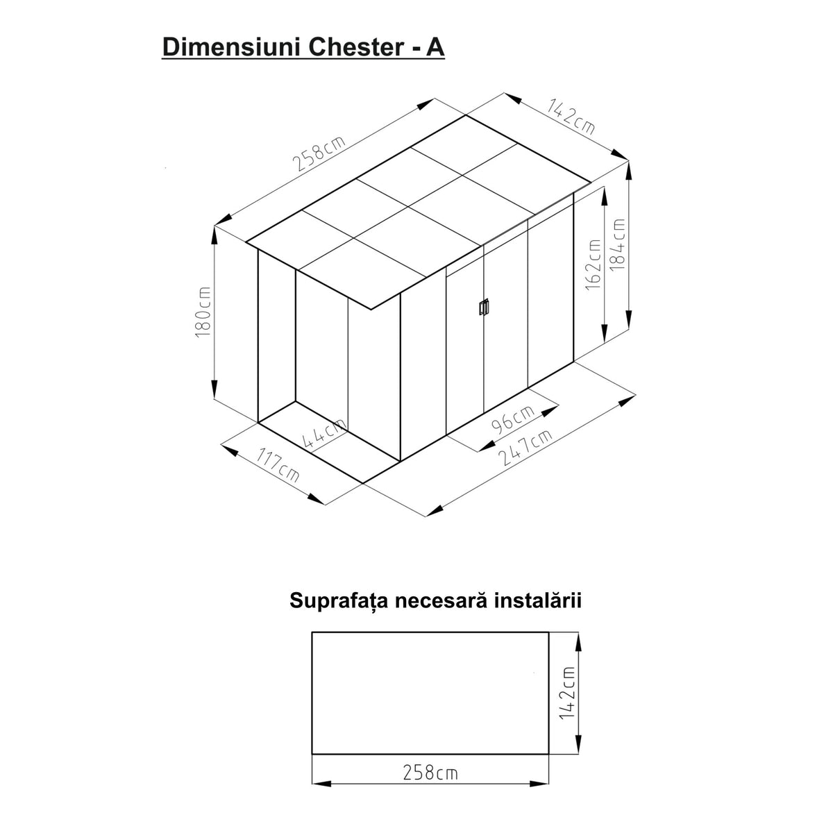 Casuta / magazie de gradina premium metalica, MESTERINO Chester-A, Gri/Bej, dimensiuni 257x142x184 cm, cu usi culisante si baza metalica
