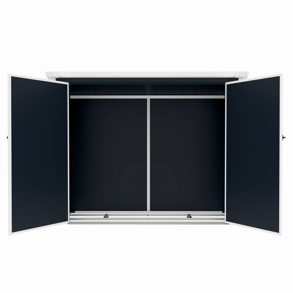Casuta / magazie de gradina premium, panel plastic si ranforsare metal, MESTERINO Colin-A, Gri/Bej, dimensiuni 199x90x149 cm, usi cu balama, baza metalica