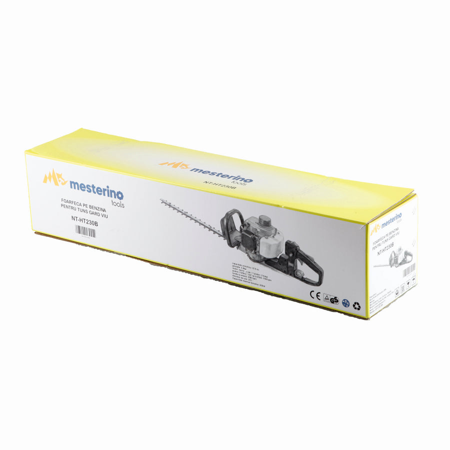 Foarfeca pe benzina pentru gard viu MESTERINO TOOLS NT-HT230B, motor 2 timpi, cilindree 22.5 cm3, putere 0.9 cai, lungime taiere 46 cm
