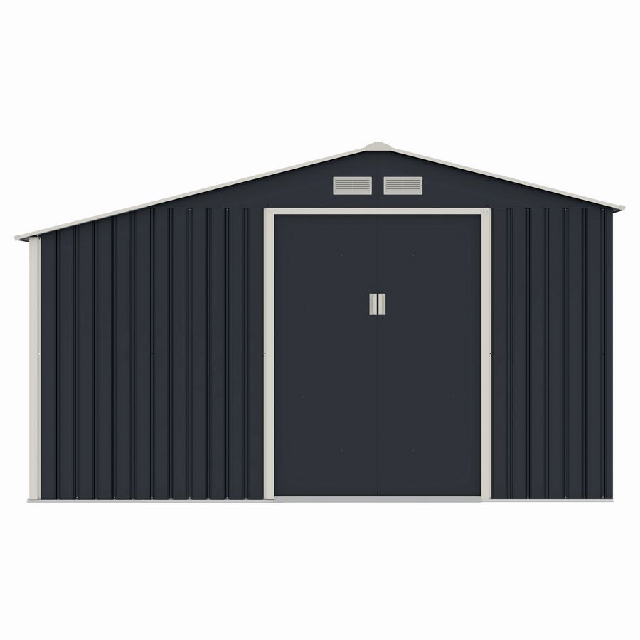 Casuta / magazie de gradina metalica MESTERINO Luke-C, gri/bej, 342x259x203 cm, cu usi culisante, baza metalica CADOU