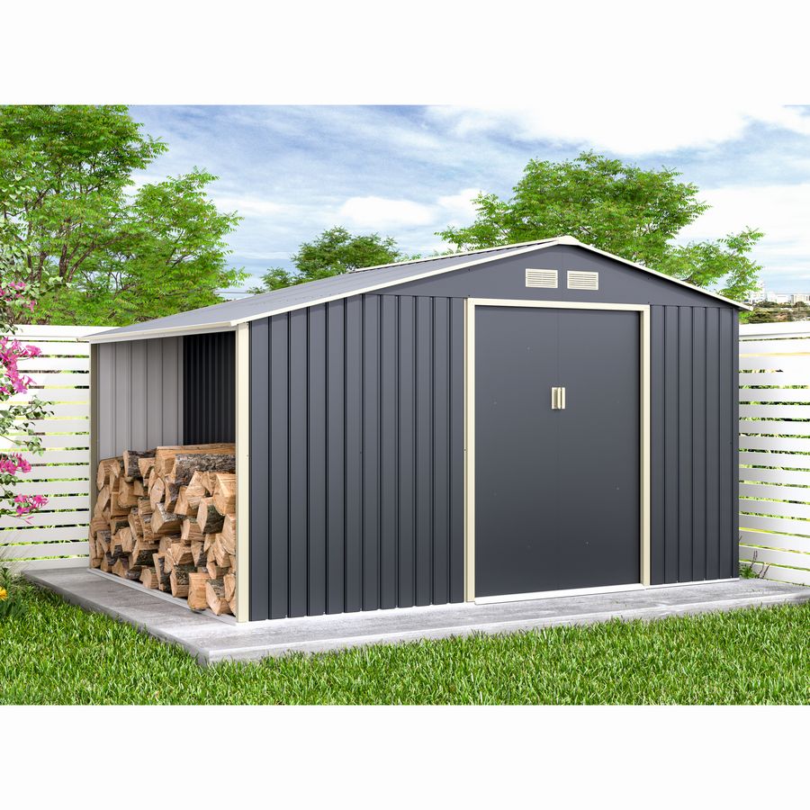 Casuta / magazie de gradina metalica MESTERINO Luke-C, gri/bej, 342x259x203 cm, cu usi culisante, baza metalica CADOU