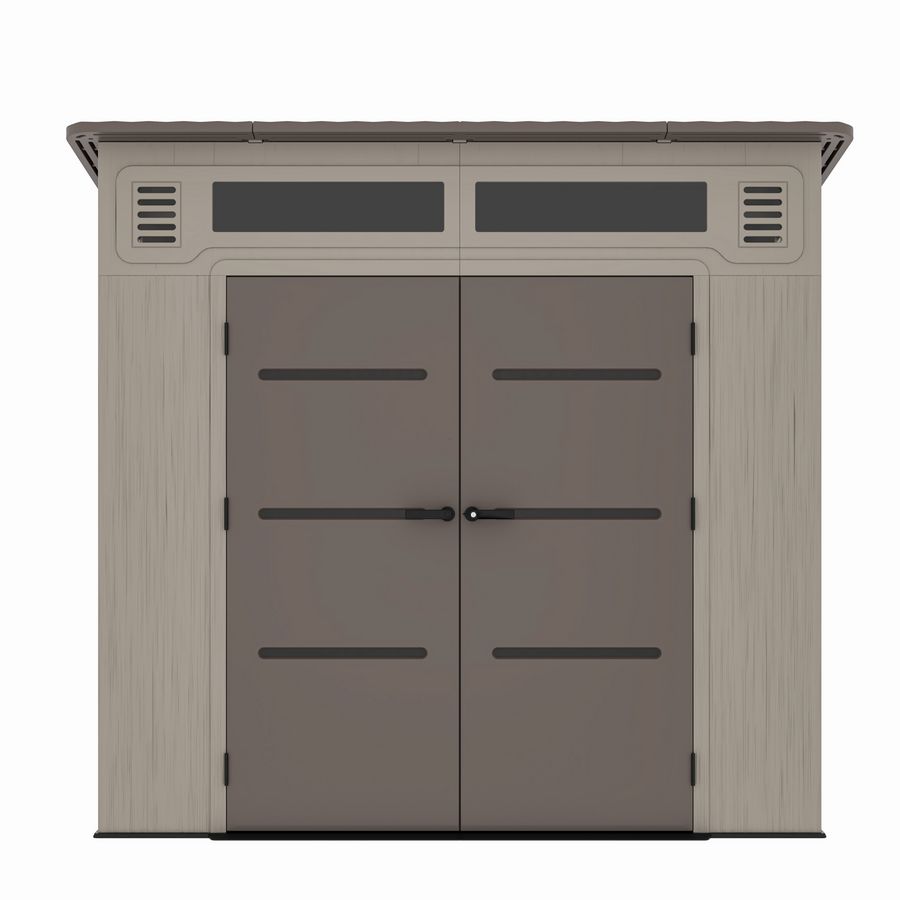 Casuta / magazie de gradina din polietilena HDPE Mesterino HUME-A, usi si acoperis maro, pereti gri antracit, 254x254x230 cm, cu podea din plastic HDPE, cinci carlige si doua polite CADOU