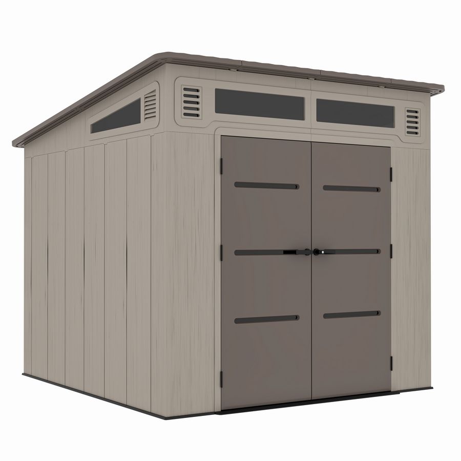 Casuta / magazie de gradina din polietilena HDPE Mesterino HUME-A, usi si acoperis maro, pereti gri antracit, 254x254x230 cm, cu podea din plastic HDPE, cinci carlige si doua polite CADOU