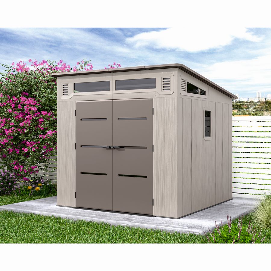 Casuta / magazie de gradina din polietilena HDPE Mesterino HUME-A, usi si acoperis maro, pereti gri antracit, 254x254x230 cm, cu podea din plastic HDPE, cinci carlige si doua polite CADOU