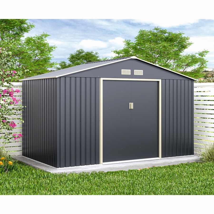 Casuta / magazie de gradina metalica MESTERINO Archer-D-2, gri/bej, 341x195x211 cm, cu usi culisante, baza metalica CADOU