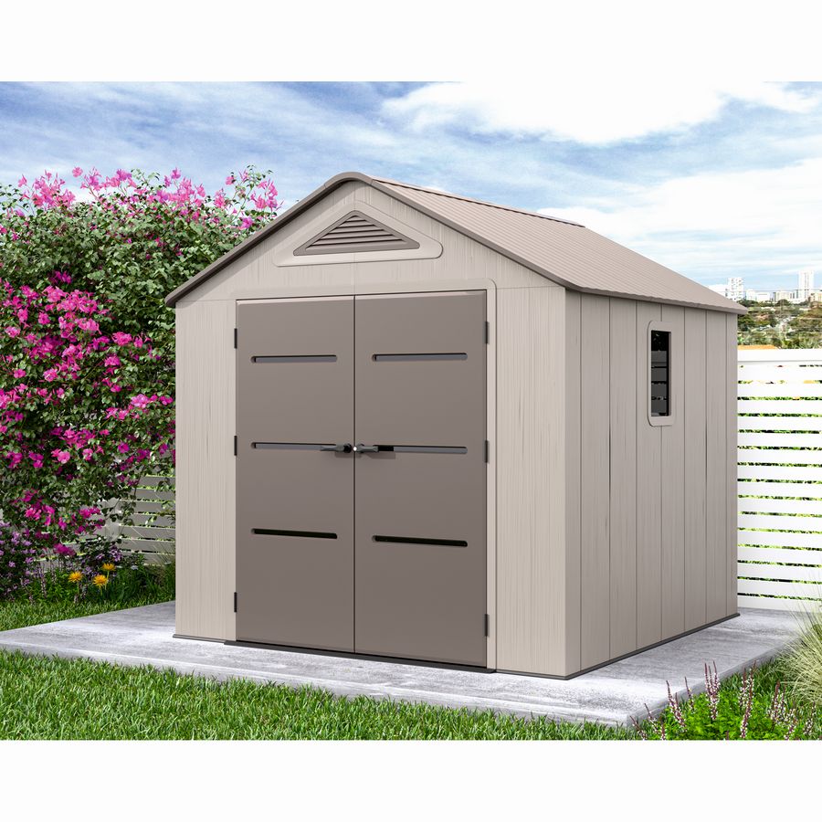 Casuta / magazie de gradina din polietilena HDPE MESTERINO Plato-B, usi si acoperis maro, pereti gri antracit, 250x246x242 cm, cu podea din plastic HDPE, cinci carlige si doua polite CADOU