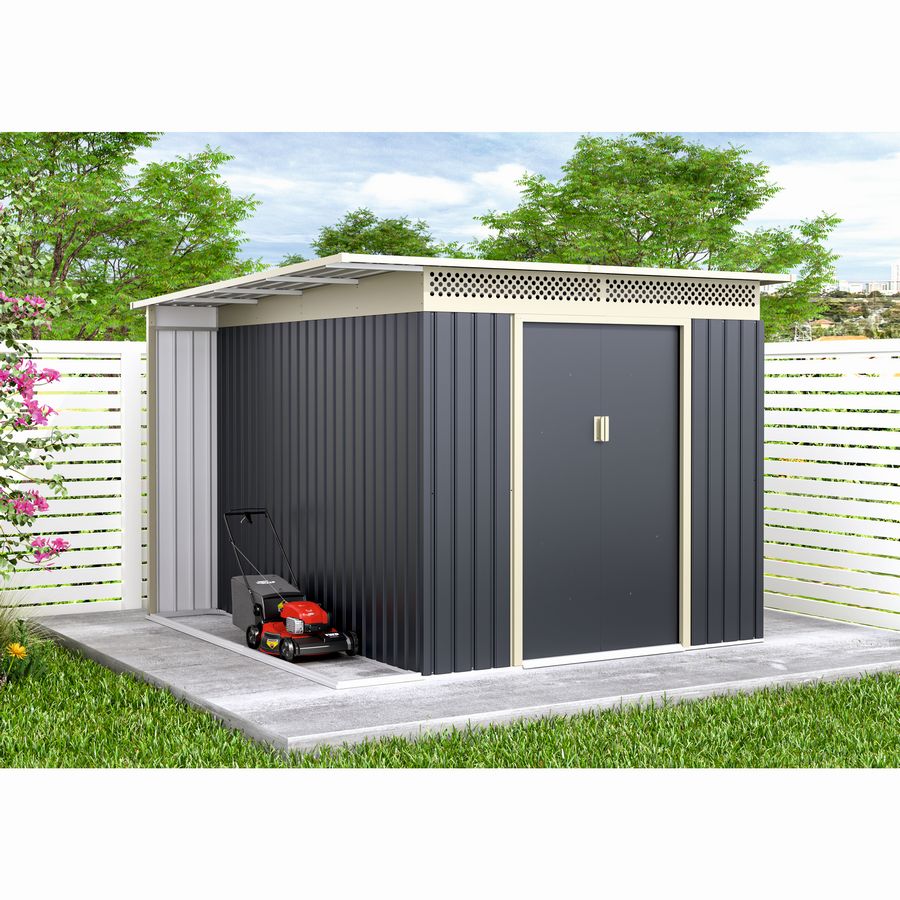 Casuta / magazie de gradina metalica MESTERINO Chester-C, gri/bej, 257x269x187 cm, cu usi culisante, baza metalica CADOU