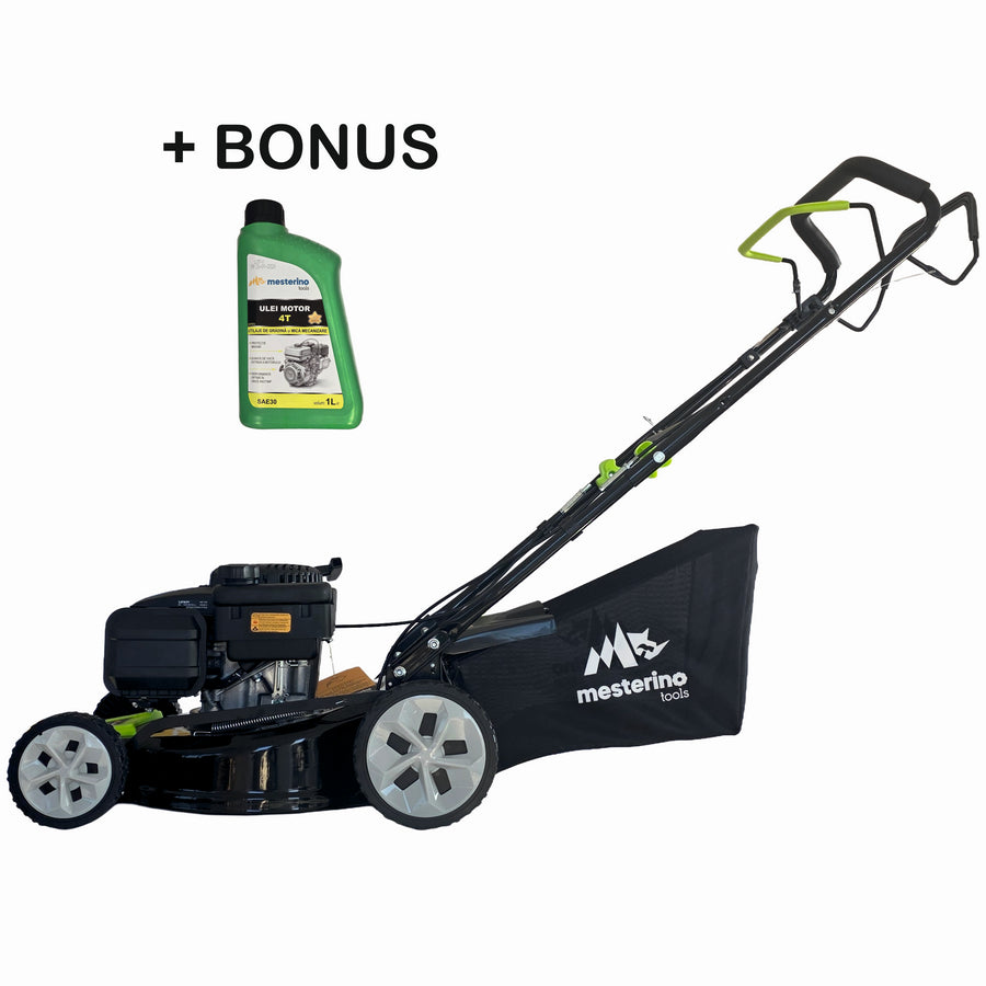 Masina tuns iarba/gazon autopropulsata MESTERINO BJXSM43-139, motor LONCIN 4 timpi, 3.3 cai, sasiu metal, latime taiere 43 cm, 8 nivele de taiere, sac colector 45 litri