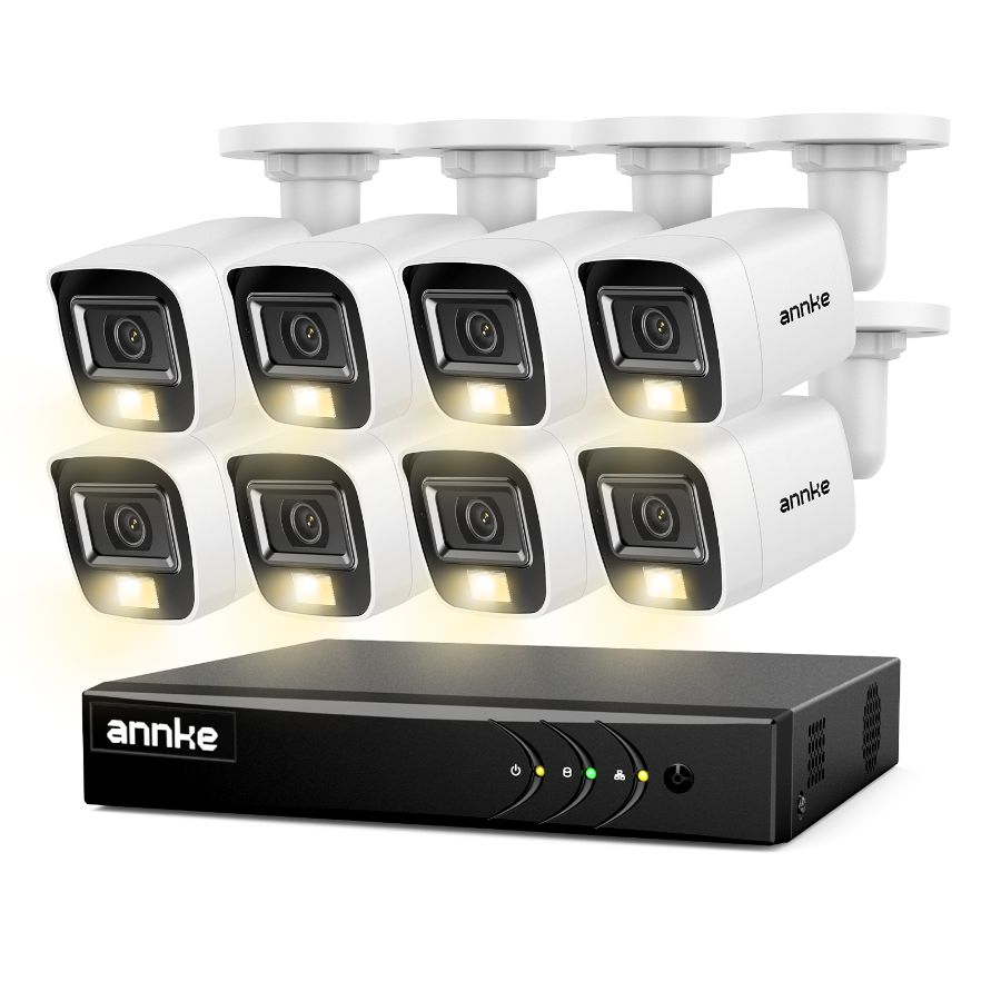 Sistem performant de supraveghere video ANNKE DW81KN+CR1CV*8, DVR 8 canale hibrid, 8 camere tip Bullet interior/exterior, 5MP, Ultra HD/2k+, lumina duala IR si alba, vedere nocturna, audio, rezistent la intemperii