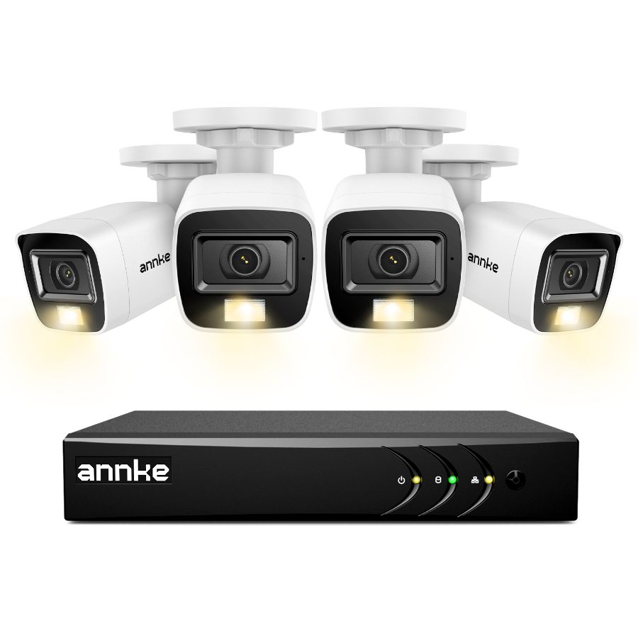 Sistem performant de supraveghere video ANNKE DW81KN+CR1CV*4, DVR 8 canale Hibrid, 4 camere tip Bullet interior/exterior 5MP, Ultra HD/2k+, lumina duala IR si alba, vedere nocturna, audio, rezistent la intemperii
