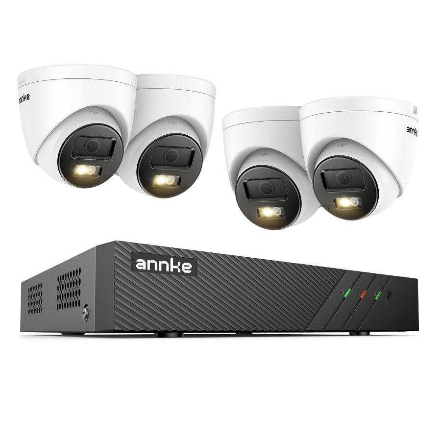 Sistem performant de supraveghere video ANNKE N98PBL+I51EM*4, PoE, NVR 8 canale, 4 camere tip Turret interior/exterior 5MP, Ultra HD/2k+, vedere nocturna IR, audio, rezistent la intemperii