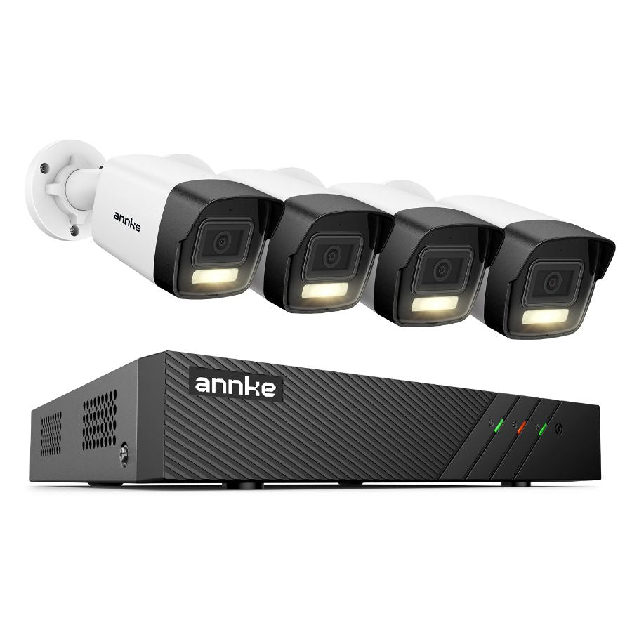 Sistem performant de supraveghere video ANNKE N98PBL+I51EL*4, PoE, NVR 8 canale, 4 camere tip Bullet interior/exterior 5MP, Ultra HD/2k+, vedere nocturna IR, audio, rezistent la intemperii