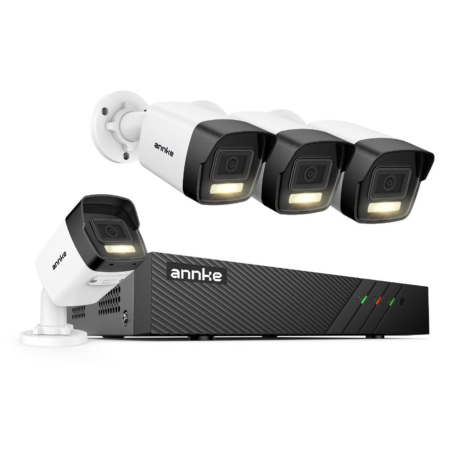 Sistem performant de supraveghere video ANNKE N98PBL+I51EL*4, PoE, NVR 8 canale, 4 camere tip Bullet interior/exterior 5MP, Ultra HD/2k+, vedere nocturna IR, audio, rezistent la intemperii