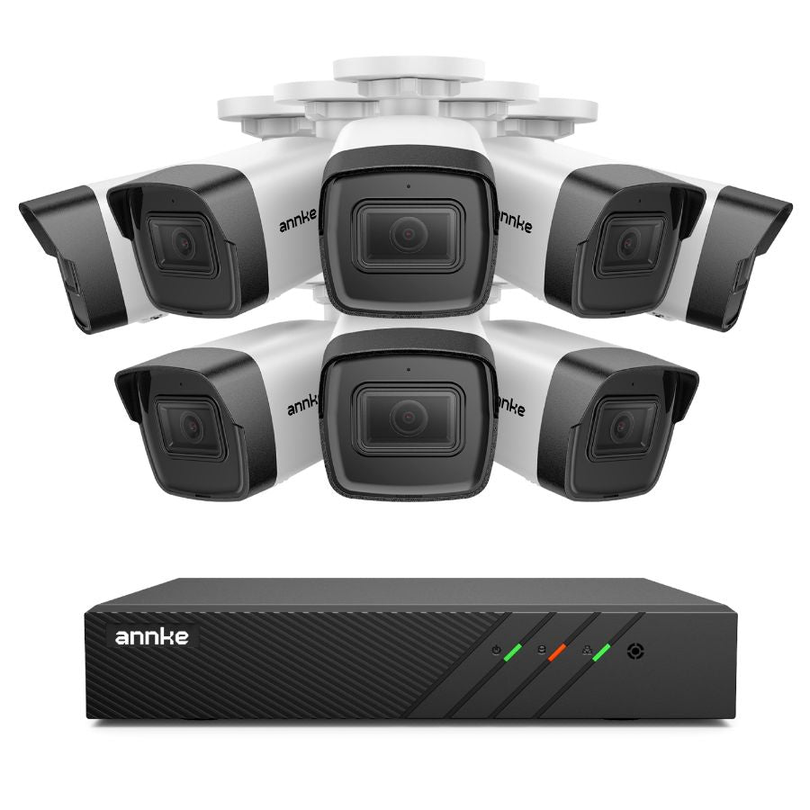 Sistem performant de supraveghere video ANNKE N98PBL+I51DL*8, PoE, NVR 8 canale, 8 camere tip Bullet interior/exterior 5MP, Ultra HD/2k+, vedere nocturna IR, audio, rezistent la intemperii