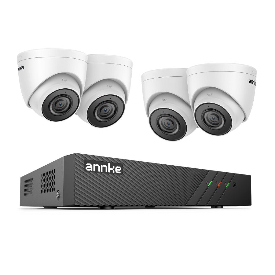 Sistem performant de supraveghere video ANNKE N98PBL+I51DS*4, PoE, NVR 8 canale, 4 camere tip Turret interior/exterior 5MP, Ultra HD/2k+, vedere nocturna IR, audio, rezistent la intemperii