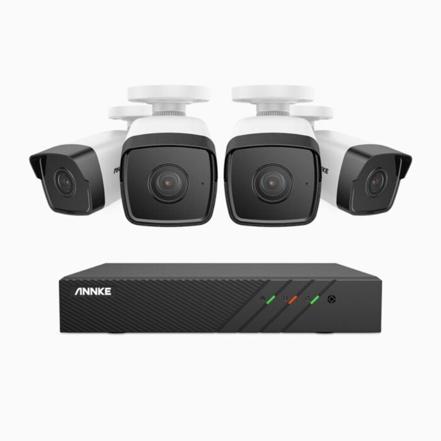 Sistem performant de supraveghere video ANNKE N98BPL+I51DL*4, PoE, NVR 8 canale, 4 camere tip Bullet interior/exterior 5MP, Ultra HD/2k+, vedere nocturna IR, audio, rezistent la intemperii