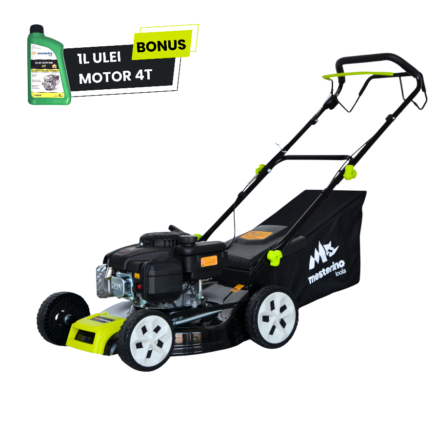 Masina tuns iarba/gazon autopropulsata MESTERINO BJXSM46-139, motor LONCIN 4 timpi, 3.3 cai, sasiu metal, latime taiere 46 cm, 8 nivele de taiere, sac colector 55 litri