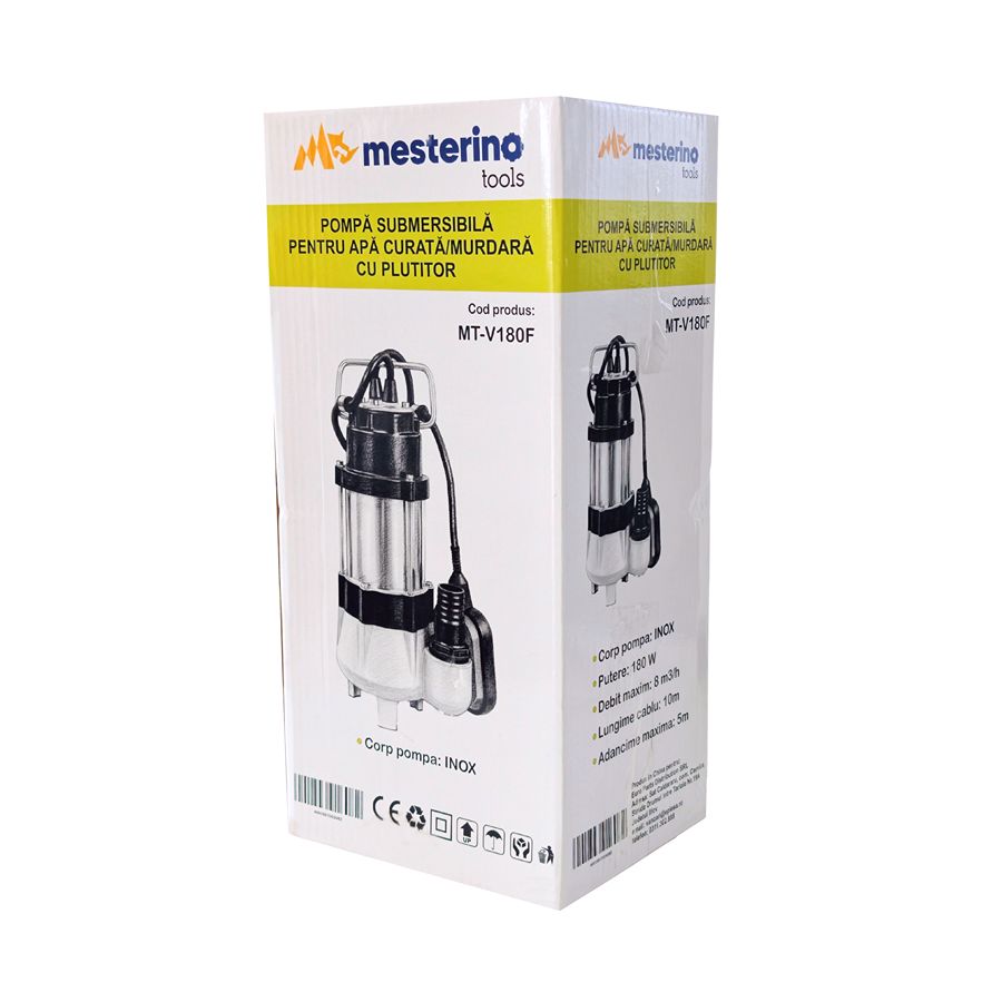 Pompa submersibila pentru apa curata/murdara cu plutitor MESTERINO TOOLS MT-V180F, 180W, corp INOX, 8 m3/h, adnacime maxima 5 m, cablu 10 m