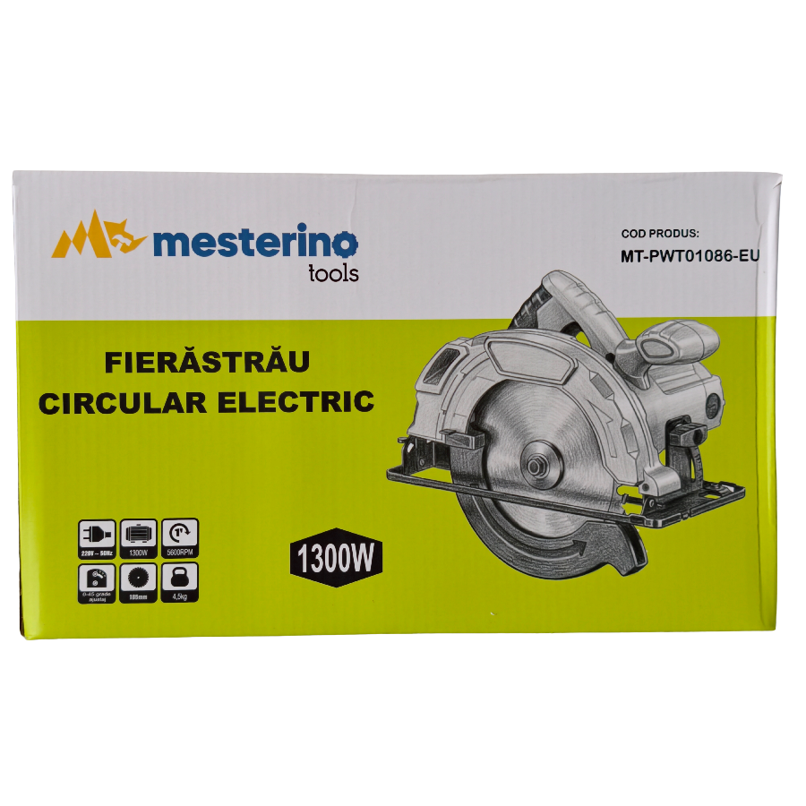 Fierastrau circular electric de mana MESTERINO TOOLS MT-PWT01086-EU, 5600 RPM, 1300 W, disc 185 mm
