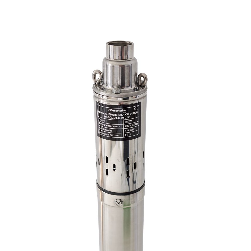 Pompa submersibila cu surub MESTERINO TOOLS MT-3QGD1.8-50-0.55, 550 W, debit maxim 1.8 m3/h, adancime maxima 50 m, cablu 15 m