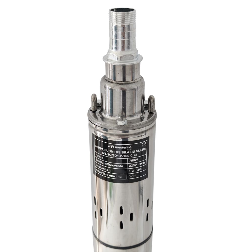Pompa submersibila cu surub MESTERINO TOOLS MT-3QGD1.2-100-0.75, corp INOX, 750 W, debit maxim 1.2 m3/h, adancime maxima 50 m, cablu 10 m
