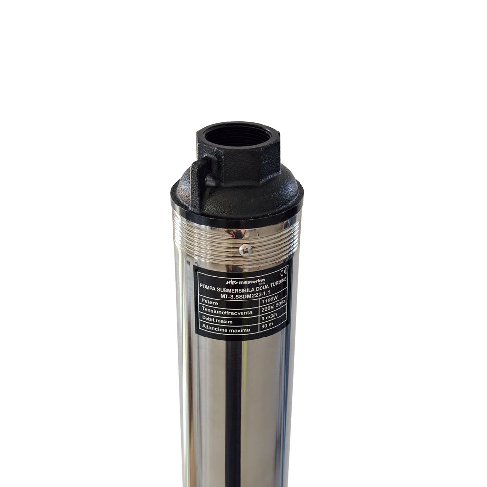 Pompa submersibila pentru apa curata cu 2 turbine si corp INOX MESTERINO TOOLS MT-3.5SDM222-1.1, 1100 W, 3 m3/h, adancime maxima 80 m, cablu 15 m