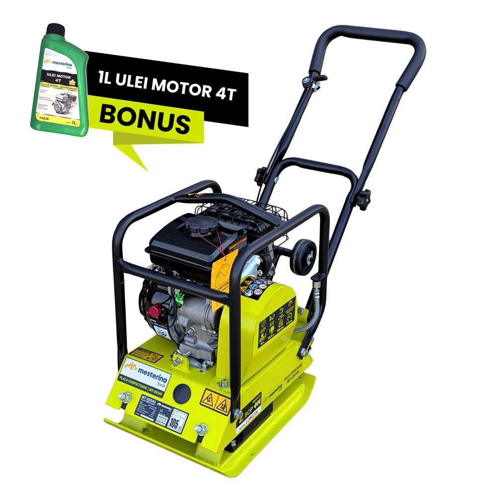 Placa compactoare cu kit roti MESTERINO TOOLS MT-29340, motor LONCIN 79 cc pe benzina, putere 2.8 CP, dimensiuni placa 400 x 320 mm, 5900 vpm, forta centrifuga 8200 N, greutate de operare 50 kg