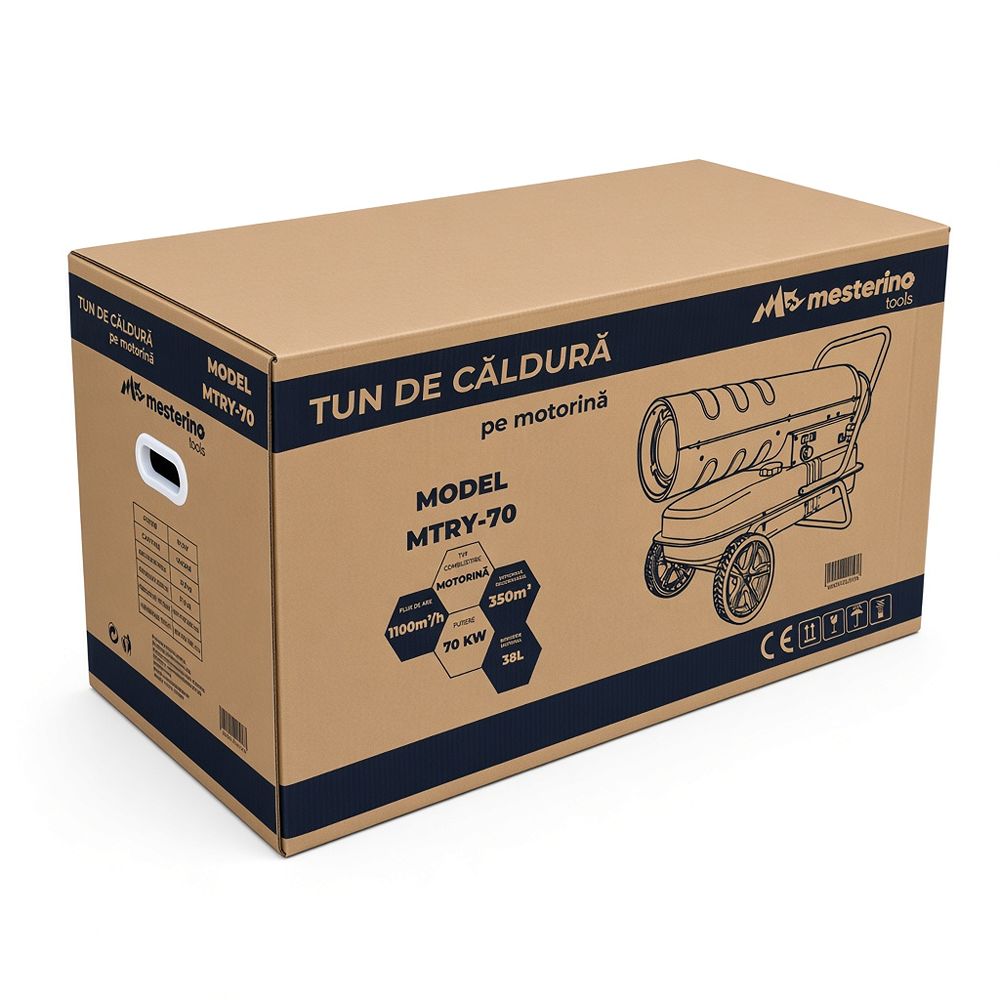 Tun de caldura pe motorina MESTERINO MTRY-70, putere 70 KW, ventilator 240 W, volum aer 1100 m3/h, capacitate rezervor combustivil 38 litri