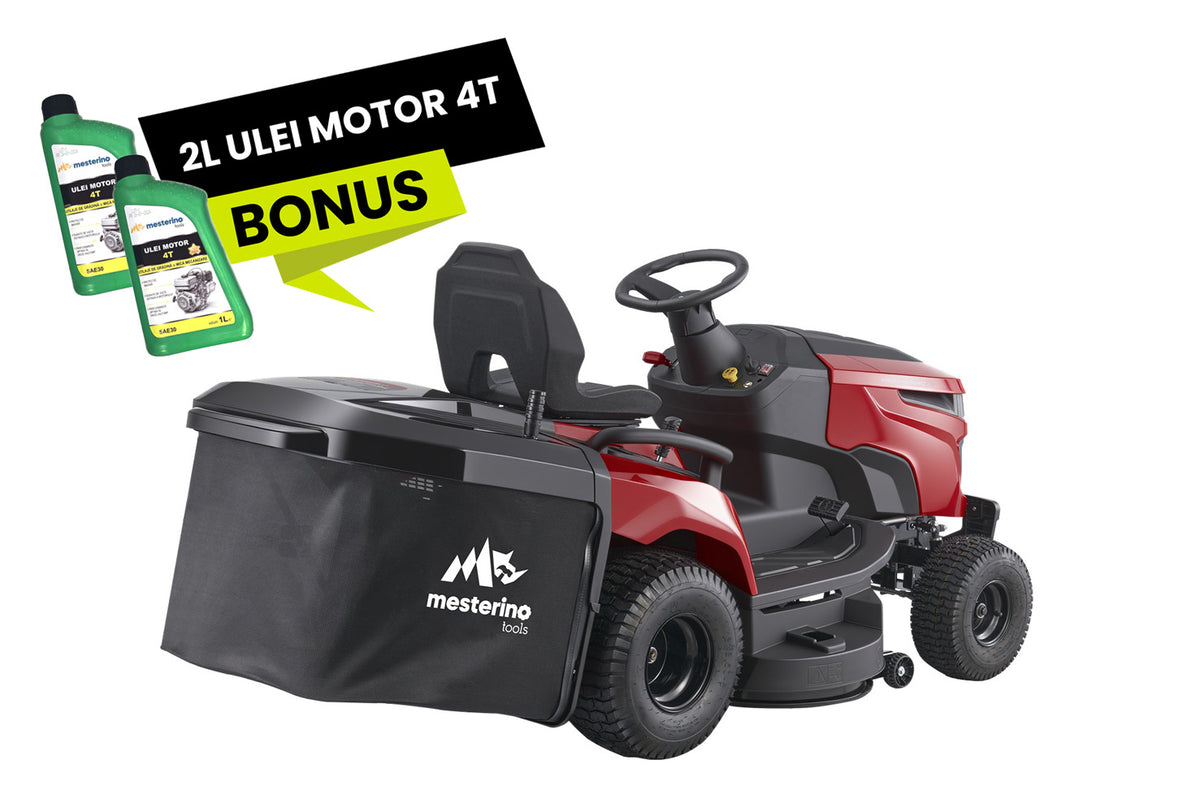Tractoras pentru tuns gazon/iarba MESTERINO TOOLS MTBJXRM38R-D452, motor LONCIN 452 cmc, putere 12.5 cai, latime de taiere 965 mm, 7 nivele taiere, sac colector 250 litri