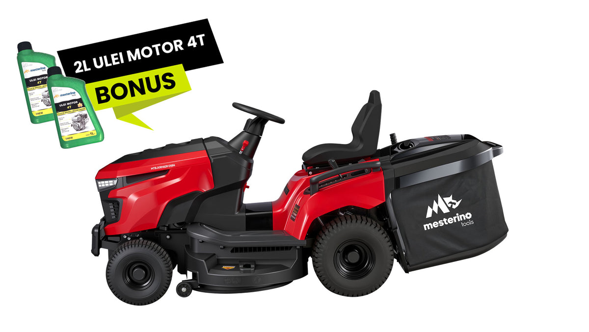 Tractoras pentru tuns gazon/iarba MESTERINO TOOLS MTBJXRM42R-D586, motor LONCIN 586 cmc, putere 17 cai, latime de taiere 1067 mm, 7 nivele taiere, sac colector 250 litri