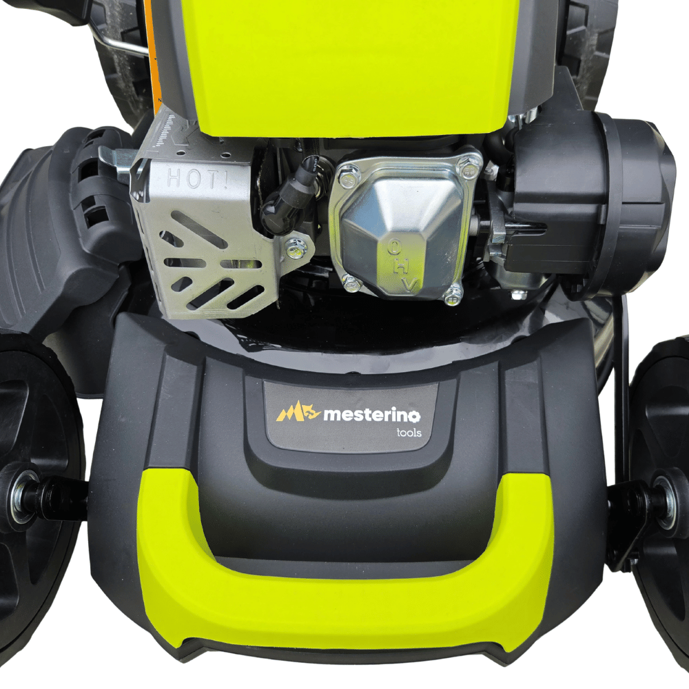 Masina autopropulsata pentru tuns iarba/gazon MESTERINO MTBJXPM46N-169, motor 4T 169 cmc, 4 CP, latime taiere 46 cm, 8 nivele de taiere, sac colector 60 litri, evacuare laterala si mulcire