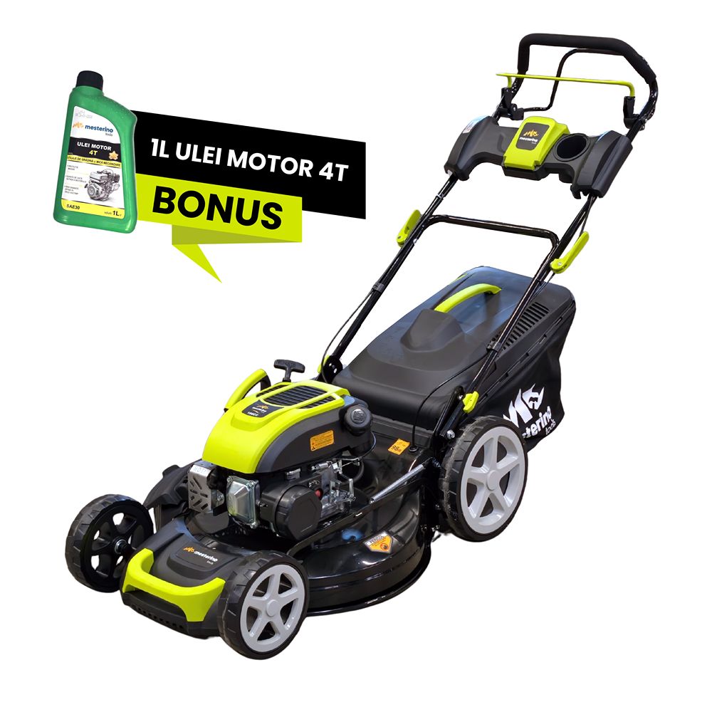 Masina autopropulsata pentru tuns gazonul Mesterino Tools MTBJXPM53N-196 cu motor QL200, 5CP, diametru taiere 533mm/21inch, 8 inaltimi de taiere, roti fata 8 inch, roti spate 11 inch sac colector 60l colectare, evacuare lateral si mulcire