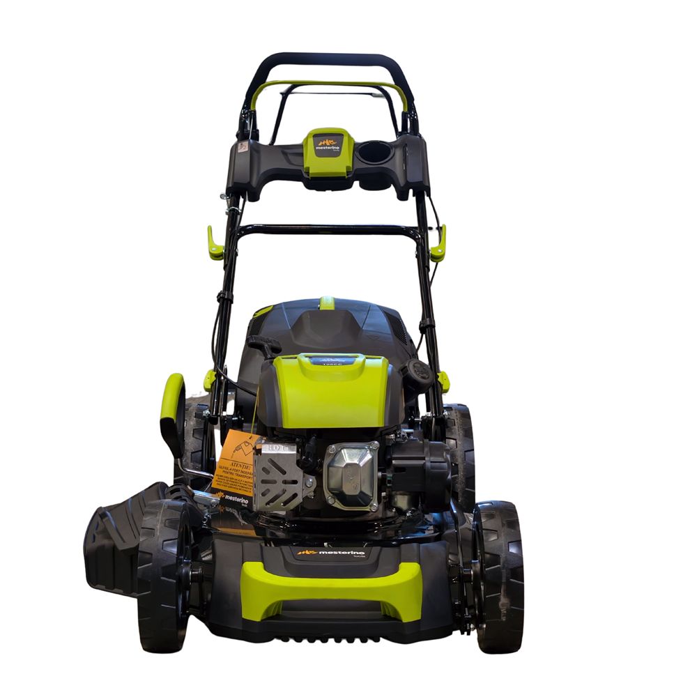 Masina autopropulsata pentru tuns gazonul Mesterino Tools MTBJXPM53N-196 cu motor QL200, 5CP, diametru taiere 533mm/21inch, 8 inaltimi de taiere, roti fata 8 inch, roti spate 11 inch sac colector 60l colectare, evacuare lateral si mulcire