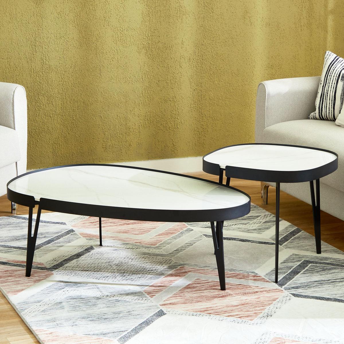 Set 2 Masute de Cafea Moderne din Piatra Sinterizata, Finisaj Lucios, Rezistente la Caldura si Pete, Design Elegant pentru Living