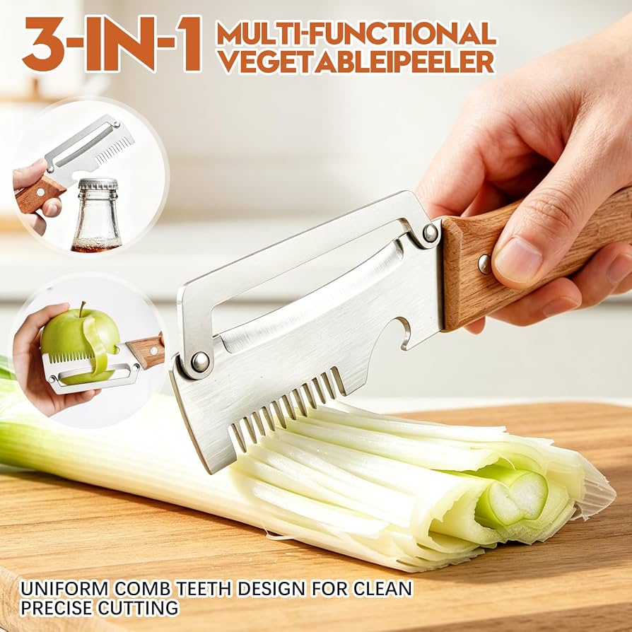 Set 2 curatatoare multifunctionale 2 in 1 pentru fructe si legume, cu deschizator de sticle integrat, lame din otel inoxidabil si maner din lemn - detaliu produs