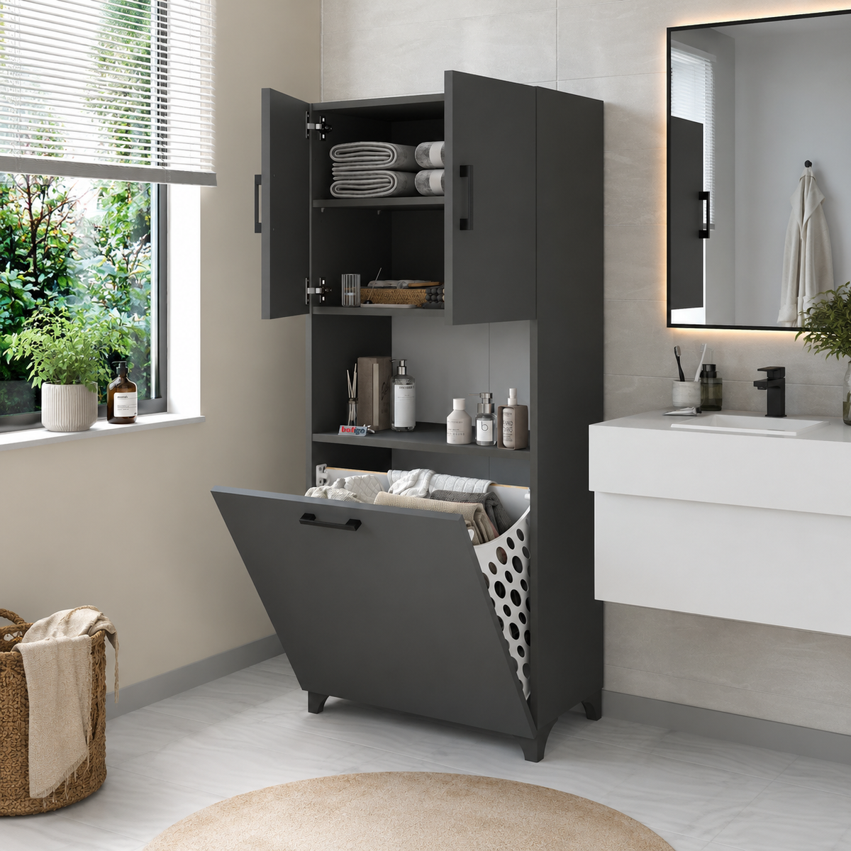 Dulap multifunctional pentru baie sau bucatarie, cu spatiu pentru cos de rufe, 60 x 33,8 x 153,6 cm