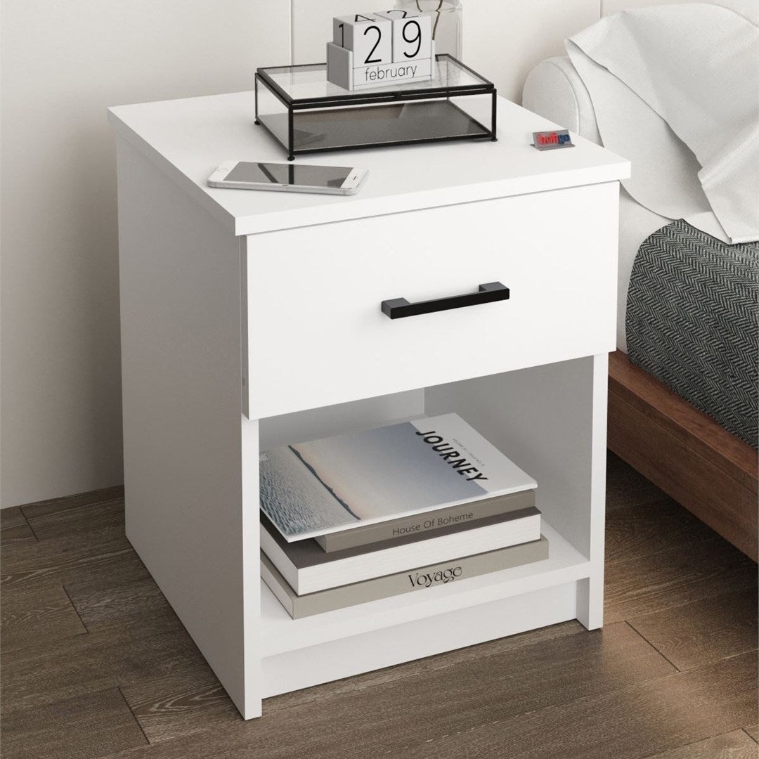 Noptiera cu sertar clasica, noptiera dormitor 40 x 45 cm, 1 sertar + 1 raft deschis, PAL melaminat 18 mm clasa E1 rezistent, design curat asamblare rapida 15 minute, stil modern minimalist scandinav Alb - vedere principala