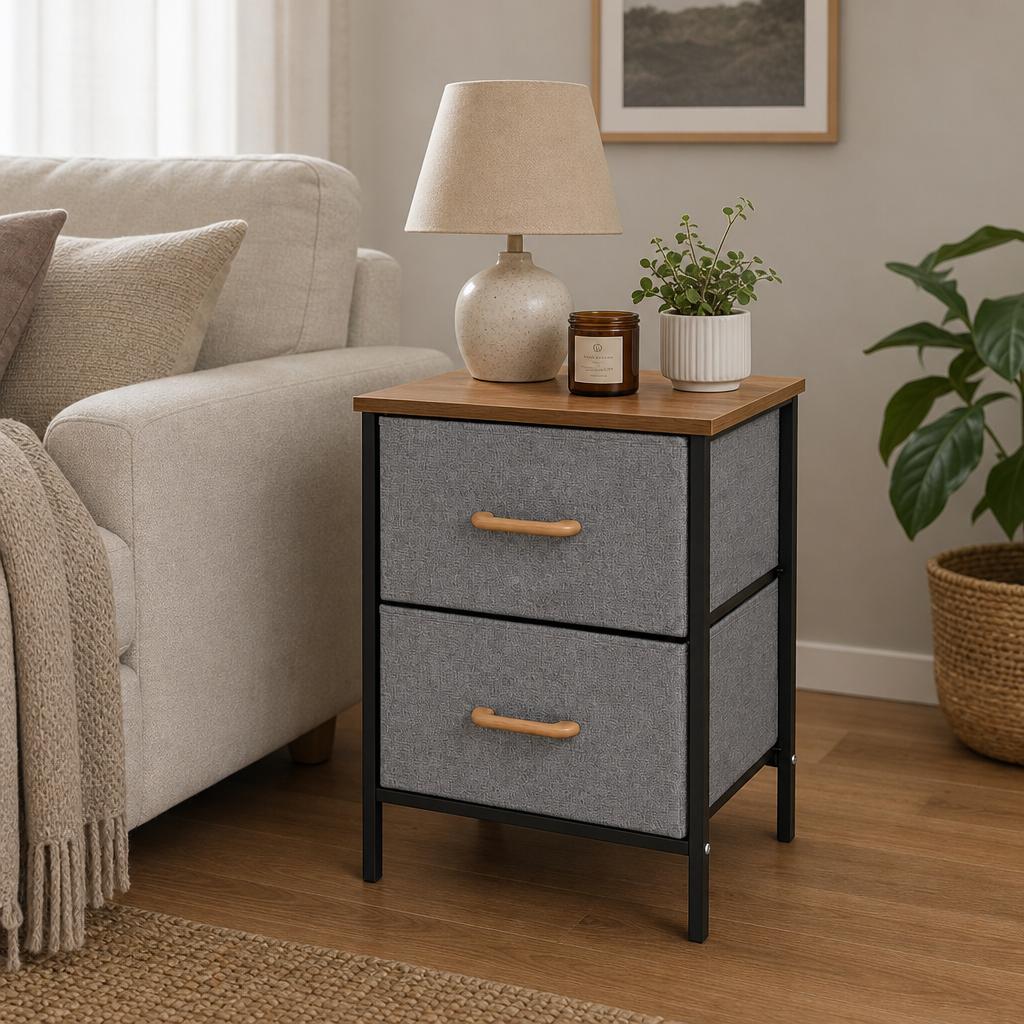 Noptiera cu 2 Sertare Material Textil Blat Lemn Cadru Metalic 40x30x53,5cm Gri - detaliu produs