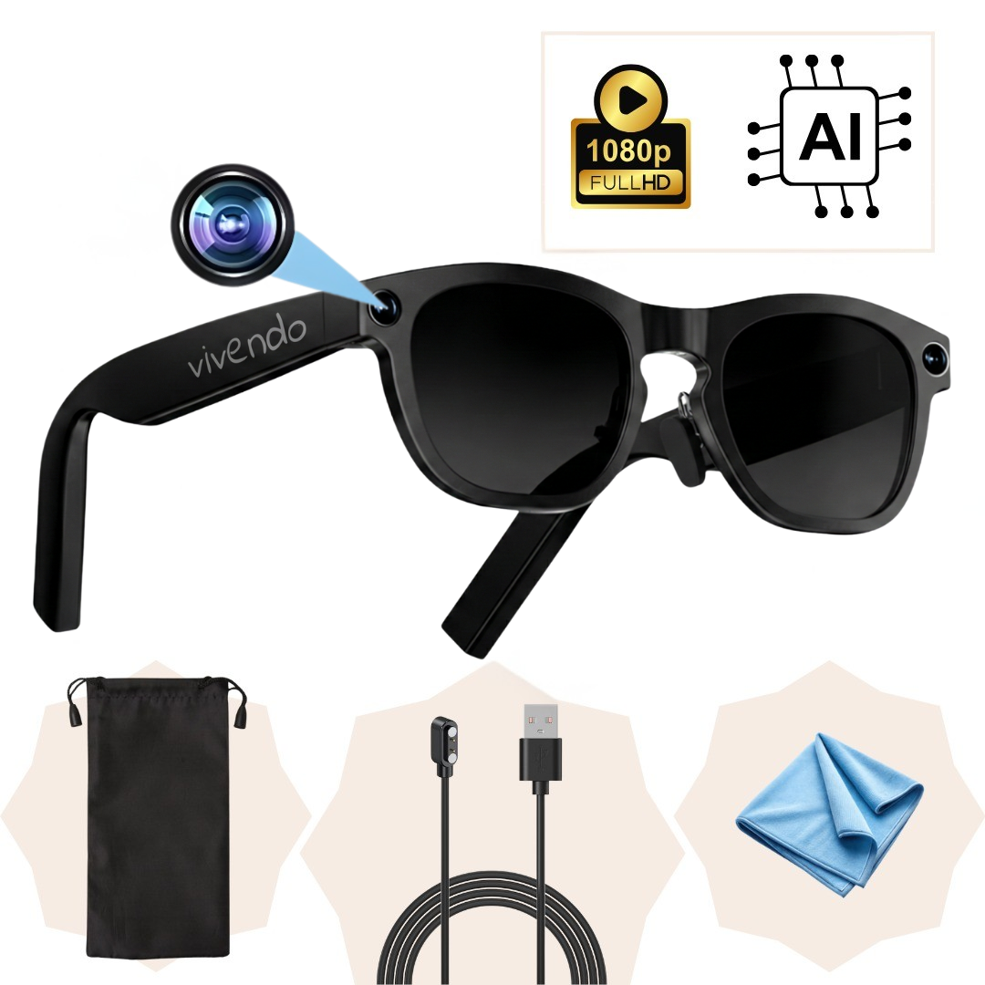 Ochelari Smart VIVENDO SMART GLASSES, Camera 1080P Full HD, AI Integrat, Apeluri Bluetooth, Control Tactil, Streaming Muzica, Wi-Fi 2.4G, Microfoane Duale, Negru